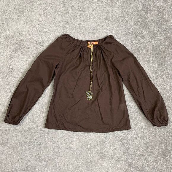 Vintage Tory Burch Women’s Size 6 Brown Long Sleeve Blouse Top Shirt Tassle - Picture 1 of 7